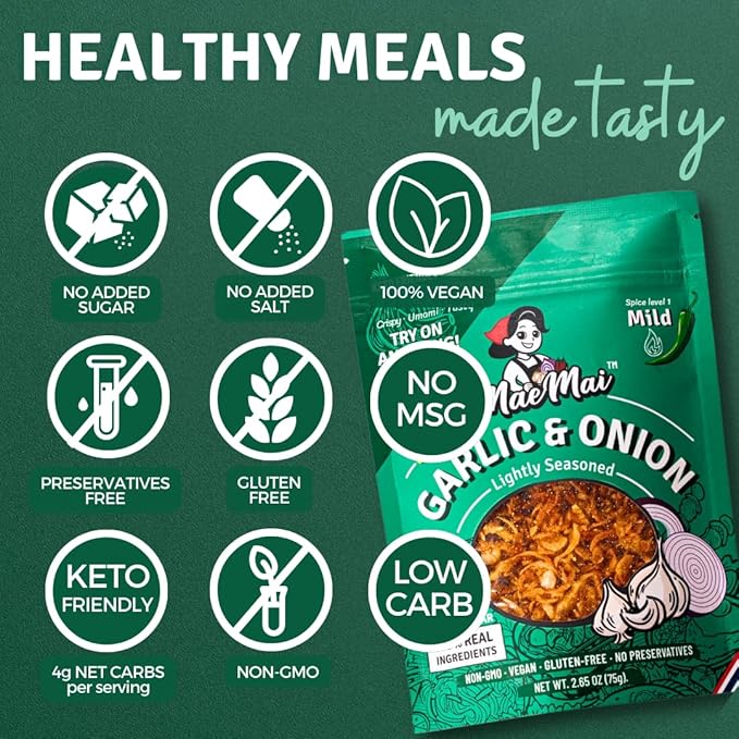 MaeMai Chili Crisp (MILD Spice) - Premium Onion & Garlic Flakes - Crispy All-Purpose Seasoning, Topper | Keto, vegan, gluten-free. Crunchy condiment for ramen add ons, rice seasoning, salads | 3.17 oz (90g)