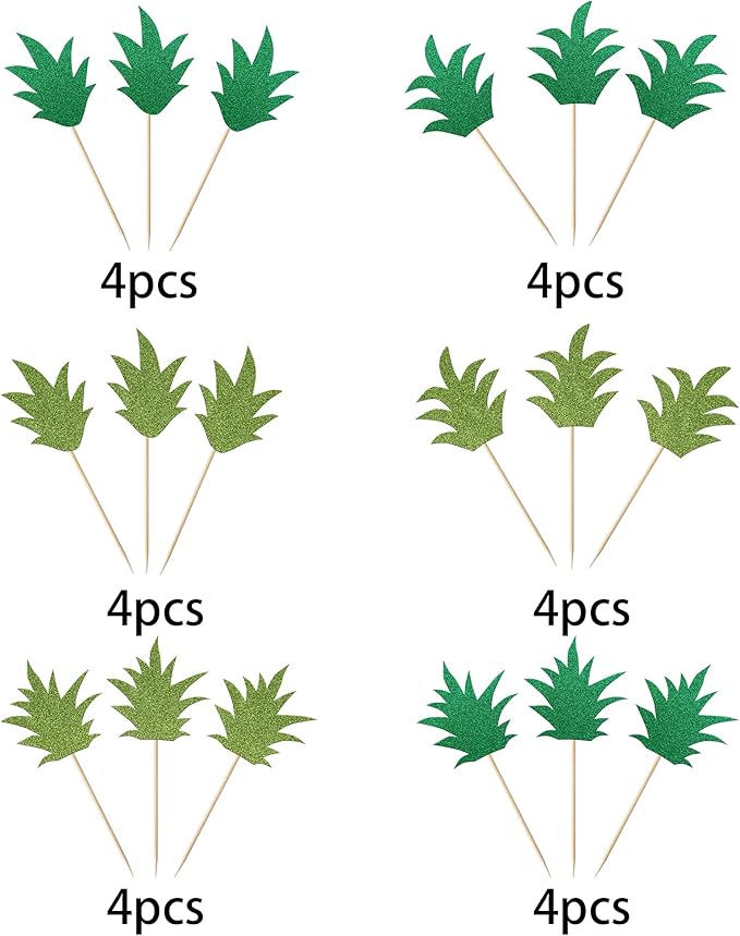 24 Pack Pineapple Cupcake Toppers Glitter Donut Pineapple Leaf Cupcake Picks Tropical Hawaiian Luau Pineapple Theme Baby Shower Kids Birthday Party Cake Decorations Green