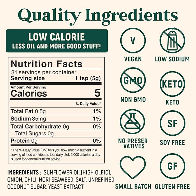 Homiah Sambal Chili Crunch, 6oz - Less Oil Low Sodium Gluten Free Vegan, Sambal Oelek Chili Paste, Crispy Chili Crunch Topping with Seaweed - Mild