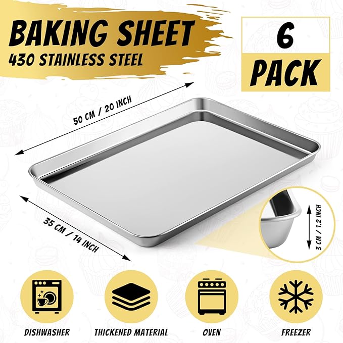 6 Pcs Baking Sheet Set Stainless Steel Cookie Sheet Cookie Baking Pan Bakeware Oven Tray Dishwasher Safe Commercial Grade Pans(20x14x1.2 Inch)