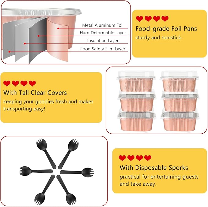 120pack 5oz Mini Cake Pans with Lids,LNYZQUS Foil Cupcake Cups Small Brownie Baking Tins,Square Disposable Ramekins Mini Cheesecake Containers Muffin Holders-Champagne