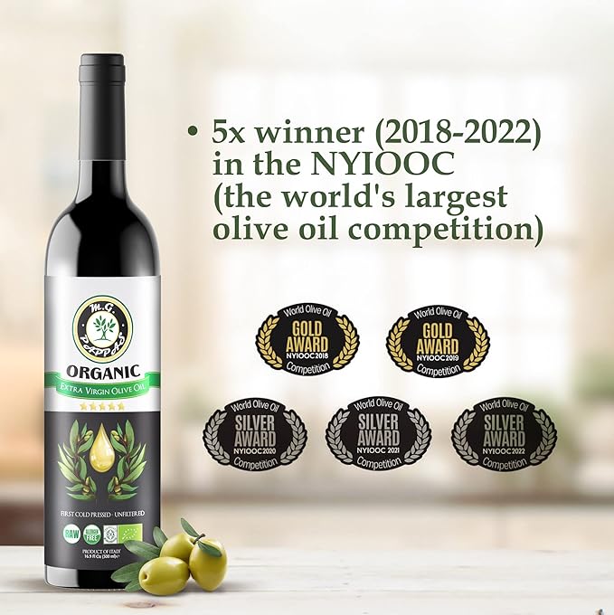 M.G. PAPPAS Italian Organic Olive Oil Extra Virgin Cold Pressed Award Winning, Unfiltered EVOO, Gluten-Free, Allergens Free Italian Olive Oil - Perfect for Salads, Dipping, Cooking, 16.9 Oz (500ml)