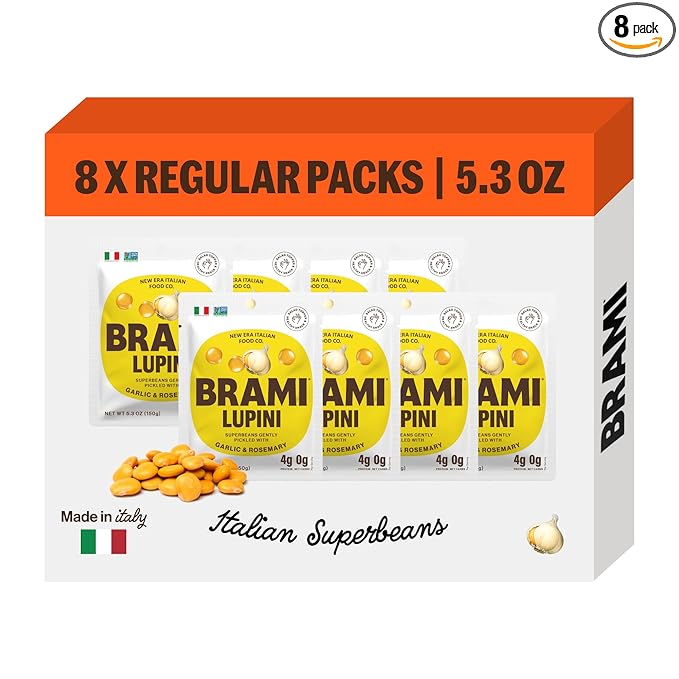 Brami Lupini Beans Snack, Garlic & Rosemary | 7g Plant Protein, 0g Net Carbs | Vegan, Vegetarian, Keto, Plant Based, Mediterranean Diet | 5.3 Ounce (8 Count )