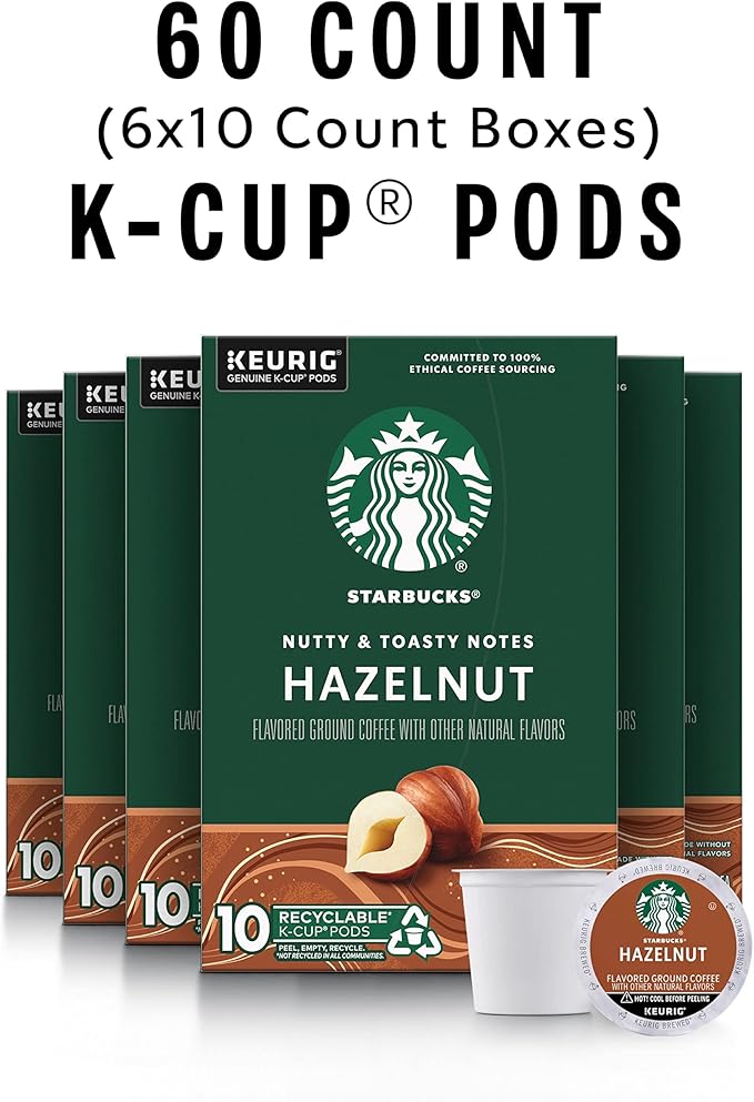 Starbucks K-Cup Coffee Pods, Hazelnut Flavored Coffee, Naturally Flavored, 100% Arabica, 6 boxes (60 pods total)
