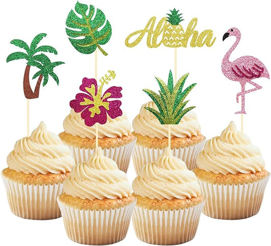24Pcs Tropical Cupcake Toppers, Luau Cake Topper Aloha Cupcake Picks Pineapple Flamingo Cupcake Decorations for Hawaiian Luau Theme Baby Shower Birthday Party Supplies (Aloha B)