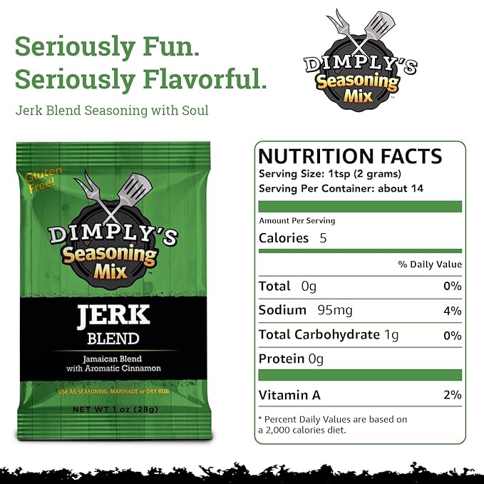 Dimply's Jamaican Jerk Seasoning Mix – Dry Rub and Marinade for Chicken, Meat, Vegetables, Tofu – Bold Caribbean Spice Blend – Vegan, Gluten Free, No MSG, No Preservatives – 6 oz Bag, 12 Pack