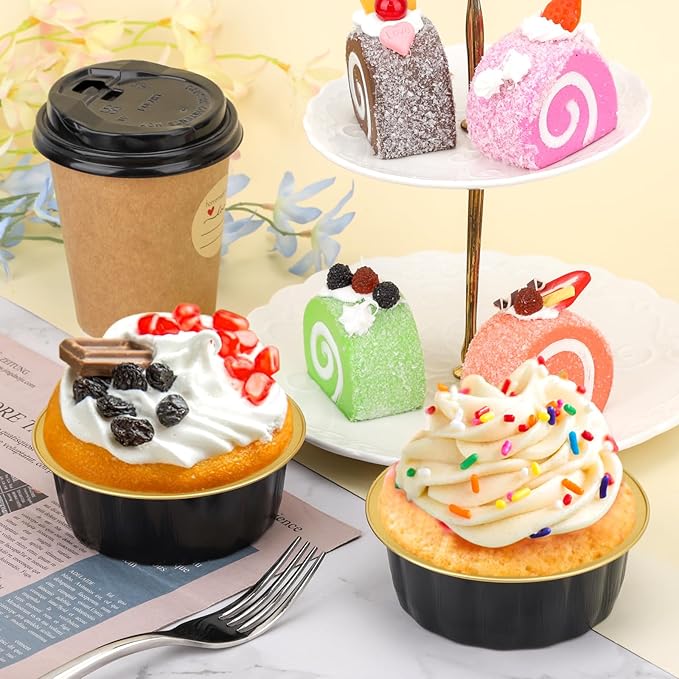 Beasea Disposable Baking Ramekins, 8 oz 100 Pack 3.9" 235ml Aluminum Foil Cups Bake Utility Ramekin Cup Souffle Cup Muffin Cupcake Baking Cup Mini Pudding Cups for Party Wedding Birthday - Black Gold