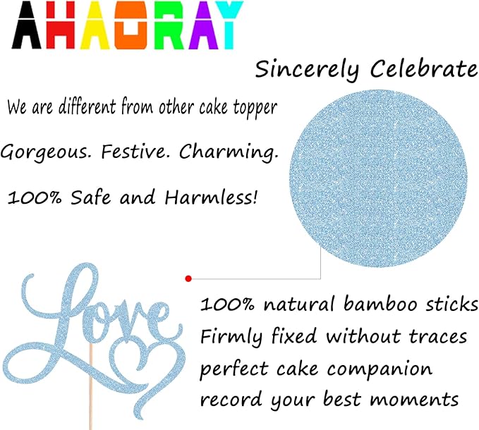 Love Cake Topper - Light Blue Glitter Paper Wedding Cake Decoration Supplies, Perfect for Bridal Shower/Engagement/Anniversary/Birthday Party
