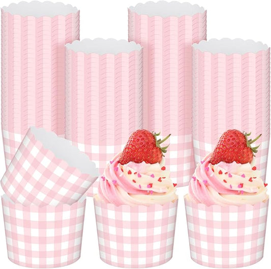Vesici 150 Pcs Pink Gingham Ice Cream Cups 5oz Dessert Paper Bowls Gingham Scalloped Cupcake Cups Disposable Dessert Bowls for Food Sundae Frozen Yogurt Soup Party Supplies
