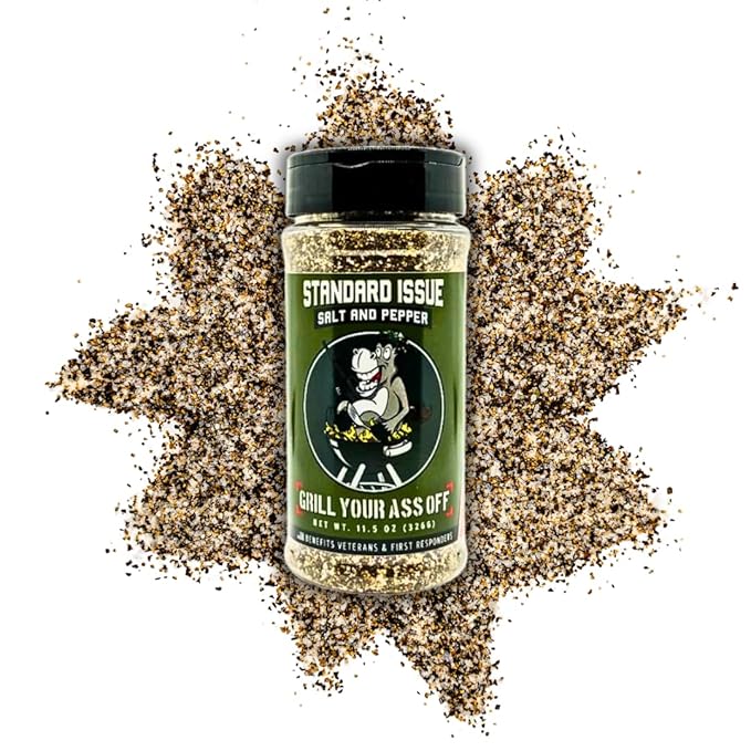 Standard Issue Salt & Pepper by Grill Your As Off - Premium Gourmet Black Pepper & Salt Great for Meat, Poultry, Seafood, Pasta, & Veggies - Use for Marinating - Veteran Owned - 11.5 Oz