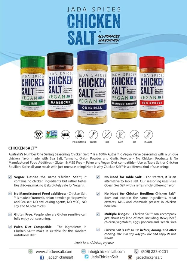 JADA Spices Chicken Salt Spice and Seasoning - Original, BBQ, Red Pepper - Vegan, Keto & Paleo Friendly - Perfect for Cooking, BBQ, Grilling, Rubs, Popcorn and more - Preservative & Additive Free
