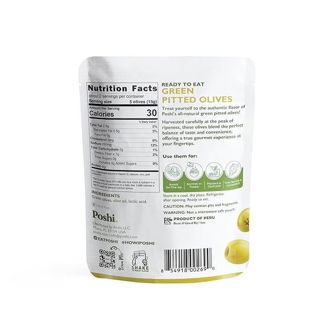 Poshi Green Olives On-The-Go - Original Flavor - Single Serve Pitted Olives - Convenient and Healthy Snack Packs - All Natural, Non-GMO, Kosher, Gluten-Free - 1.1 Oz Bags (10/Pack)