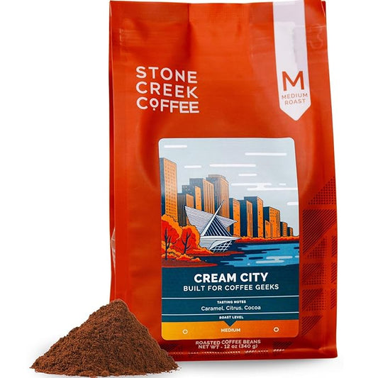 Stone Creek Coffee Medium Roast Ground Coffee ??12 Ounce (Pack of 1) ??Specialty Smooth and Sweet Fresh Roasted Coffee Beans with Fruity/Chocolate Tasting Notes, Cream City