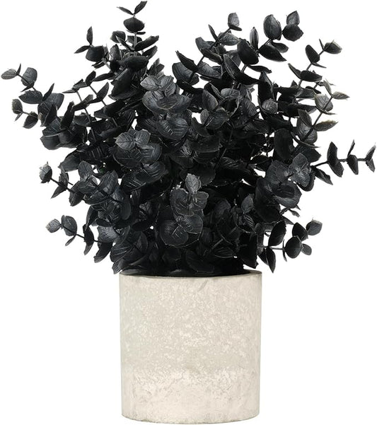 Velener 1 PCS Small Fake Eucalyptus Plant Artificial Potted Plants Indoor for Halloween Decorations Realistic Faux Plant for Office, Bathroom, Living Room, Desk, Shelf, Home Decor (Black)