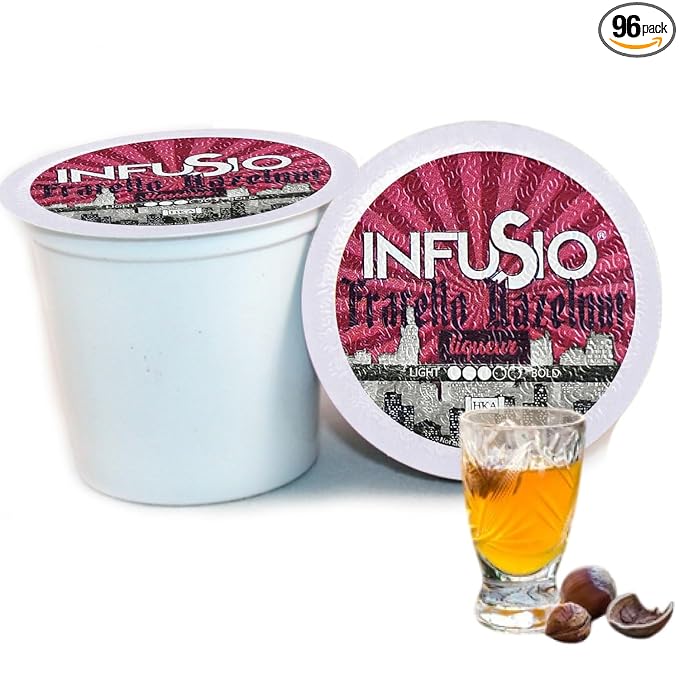 InfuSio Coffee Pods 96 Count Fratello Hazelnut Liqueur Flavored Medium Roast Single serve Coffee pods for Keurig K Cups Brewers - InfuSio Premium Roasted Keurig 2.0 Compatible