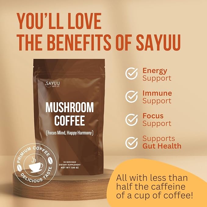 SAYUU Mushroom Coffee Blend ??Focus, Energy & Harmony ??Vegan, Functional Mushrooms, Cordyceps, Lion?™s Mane & Reishi ?“Dietary Supplement - 30 Servings