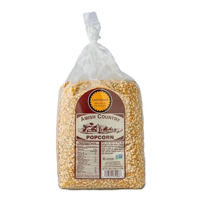 Amish Country Popcorn Ladyfinger Popcorn Kernels, 6LB Bag ??Non-GMO, Gluten Free, Hulless, Old Fashioned Popcorn