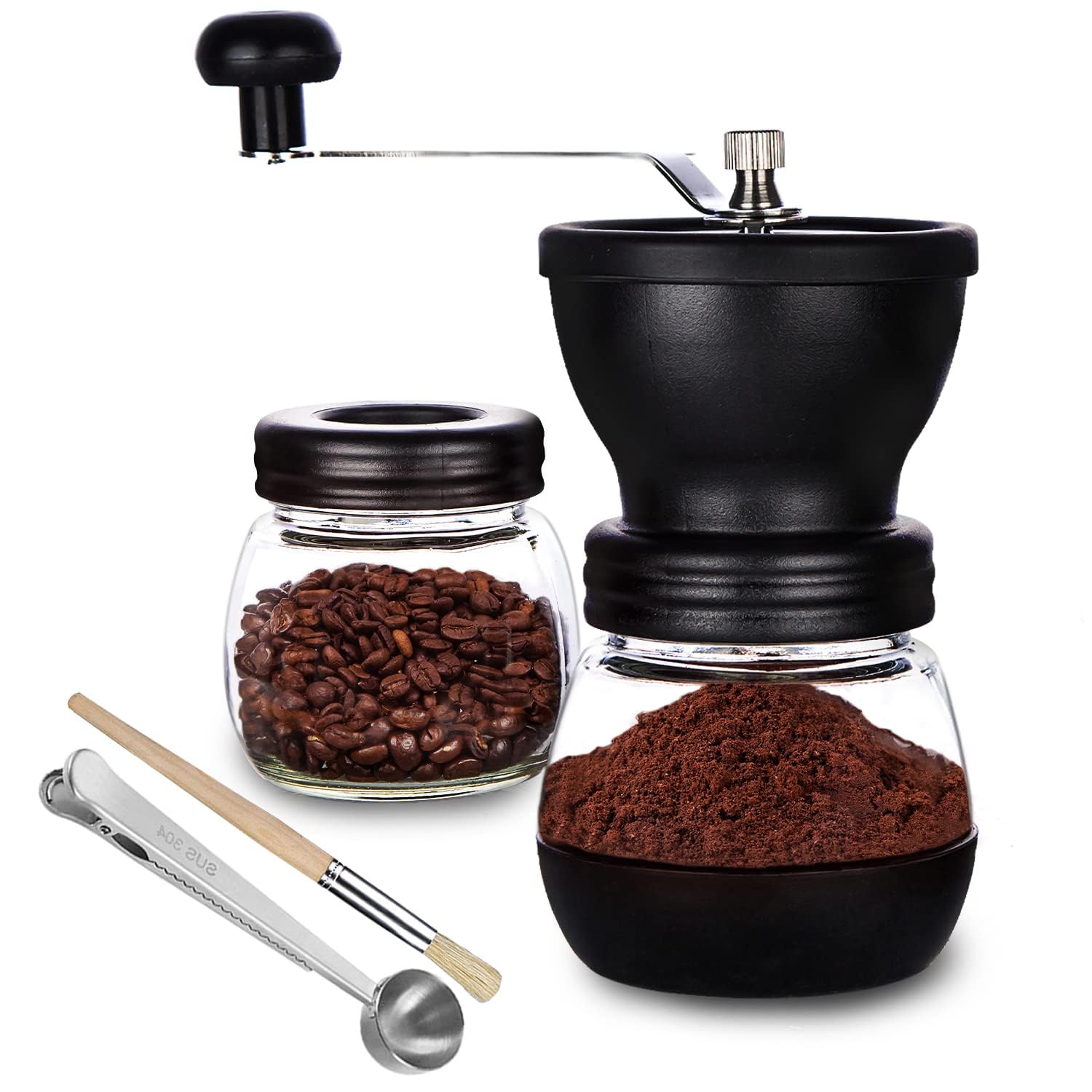 PARACITY Manual Coffee Grinder, Ceramic Burr, 2 Glass Jars, 11oz per Jar