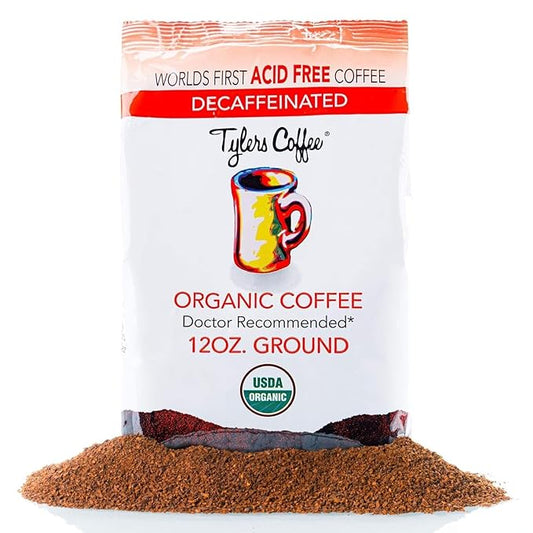 Tyler?™s Acid Free Organic Ground Coffee - 100% Arabica Full Flavor Decaf - For Acid Free Diets - Natural Whole Bean and Organic Blend for Common GI Issues -12 oz