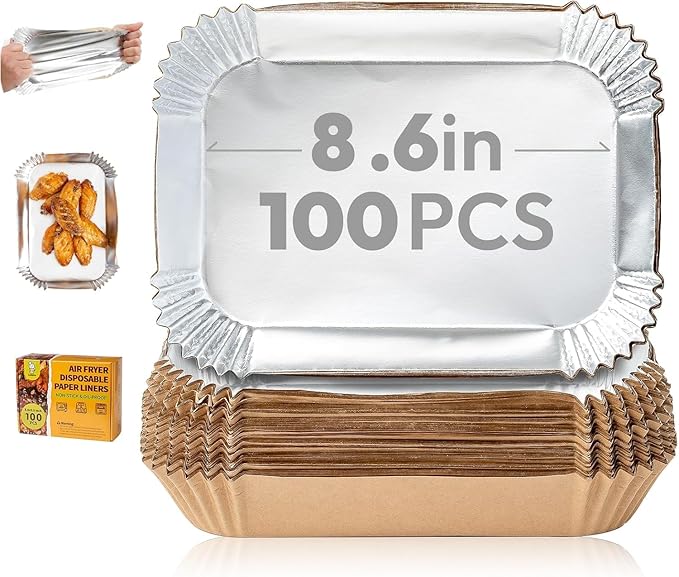 Katbite Rectangle Air Fryer Liners Disposable for Greasy Foods,8.6x5.5",Non-Stick Food-Grade Paper Inside &Reinforced Aluminum Outside,Airfryer Accessories for Dual Basket,Foodi DZ201,DZ401,DZ090