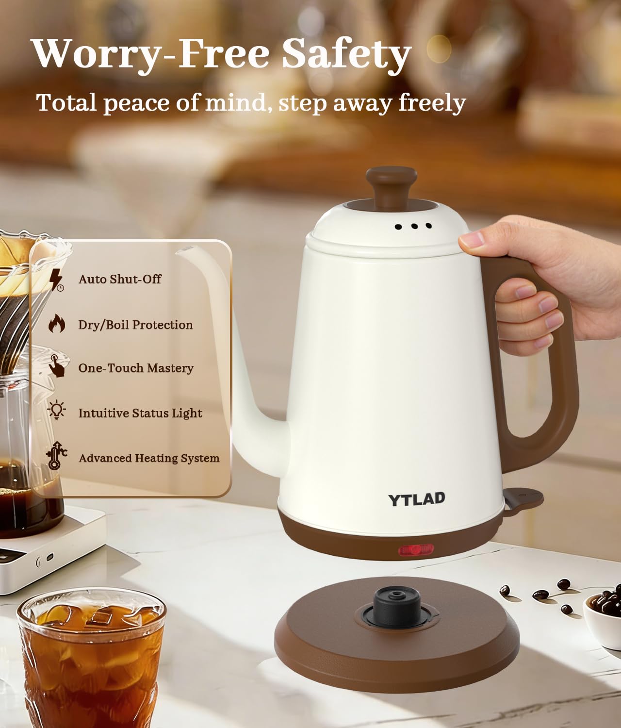 YTLAD Gooseneck Electric Kettle 1L, 1000W, Pour-Over Coffee & Tea