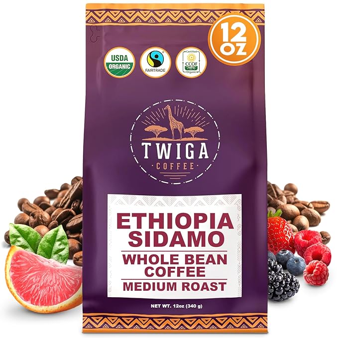Twiga Coffee Premium Ethiopian Sidamo Whole Bean Coffee ??Organic Medium Roast Arabica with Berry, Citrus & Floral Notes ??Single Origin Ethiopia ??Freshly Roasted 12 oz
