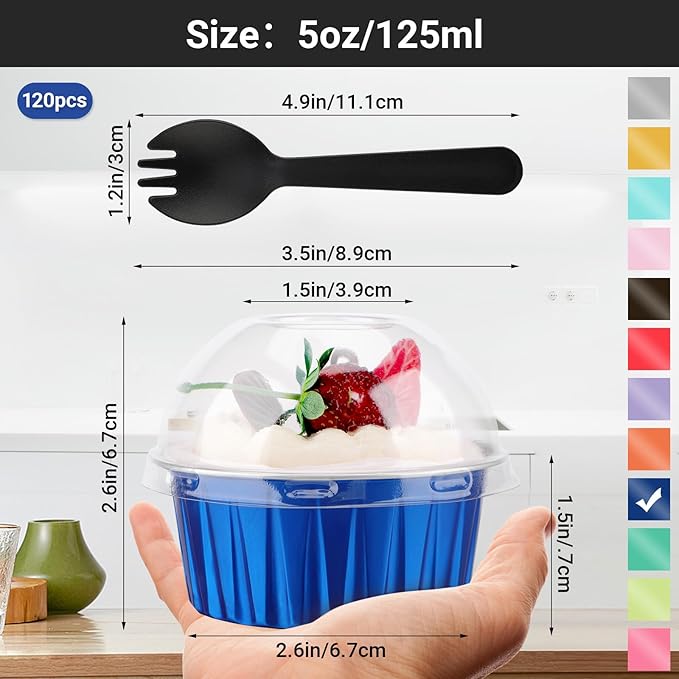 EUSOAR Creme Brulee Ramekins Disposable with Sporks, 120pcs 5oz Foil Baking Cups Ramekins with Lids, Muffin Cupcake Liners Mini Cake Pans with Lids for Party Wedding Birthday Picnic Family Gathering