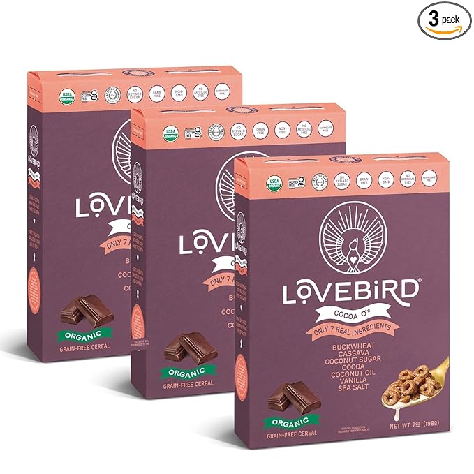 Lovebird Organic Gluten Free Cereal, Cocoa Flavor ??Prebiotic Fiber, Gut Health, Low Sugar, Grain Free, Breakfast or Snack ??Healthy Cereal Made With Real Food, 3 Pack