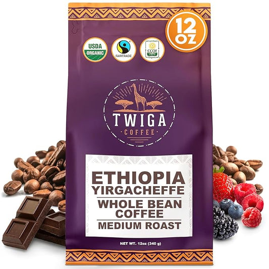Twiga Coffee Ethiopian Coffee Beans - Ethiopian Yirgacheffe Whole Bean, Organic Medium Roast Arabica with Rich Berry, Chocolate & Floral Flavor Notes, Single Origin, Fresh Roasted in Ethiopia, 12 oz