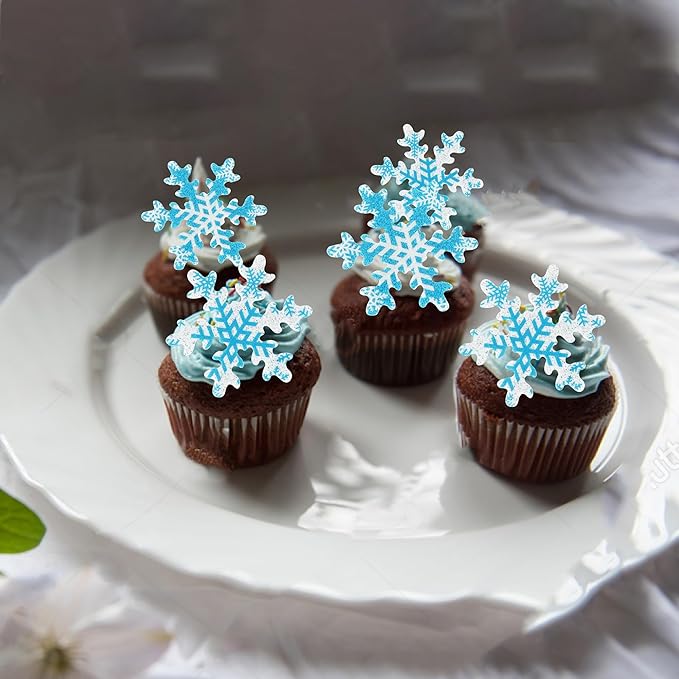 Rsstarxi 50 Pack Snowflake Edible Cupcake Toppers Rice Paper Edible Snowflake Cupcake Picks for Frozen Winter Snowflake Theme Baby Shower Wedding Birthday Christmas Party Cake Decorations