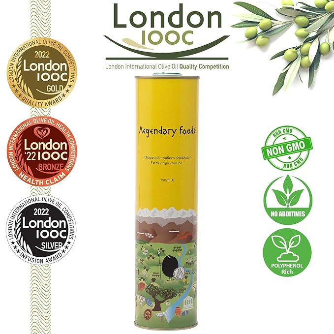 Extra Virgin Olive Oil Tin, Great Taste Cold Pressed, Fruity Flavor, Polyphenol Rich Olive Oil from the Land of Sparta 750ml Tin