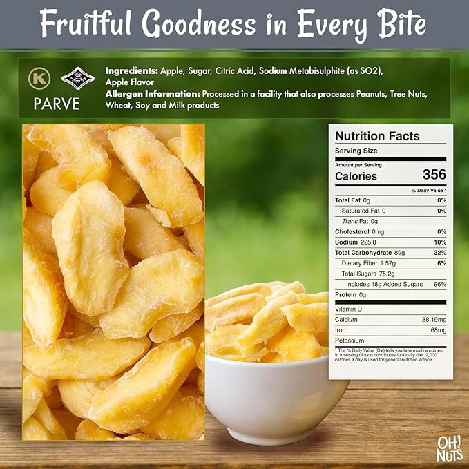 Oh! Nuts Juicy Dried Apple Slices - Sweetened Dehydrated Apple Slices - 1 lb Bulk Bag - Dried Apples for Snacking & Baking - Packed Fresh for Flavor
