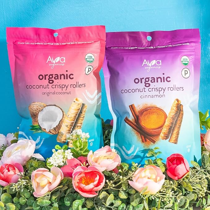 Cinnamon Coconut Crispy Rollers (2.8 oz bags) Ava Organics - Gluten Free, Non-GMO, Kosher, Vegetarian & Certified Paleo Lightly Sweetened Baked Coconut Crisps (Pack of 8)