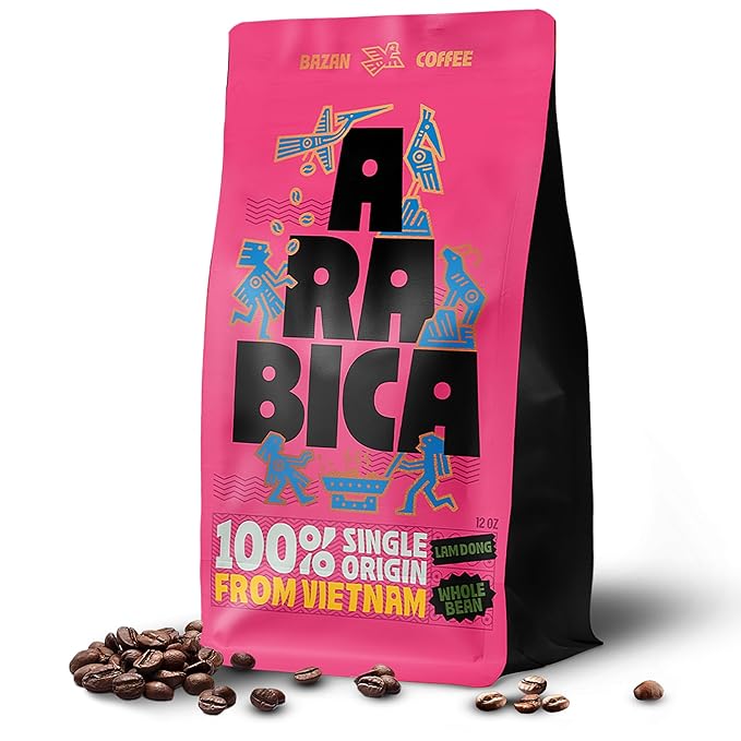 BAZAN COFFEE Vietnamese Specialty Arabica - Medium Roast, Organic Whole Bean Coffee with Rich Notes of Caramel & Warm Spice, Low Acidity, Fresh Roasted, 12 oz Bag