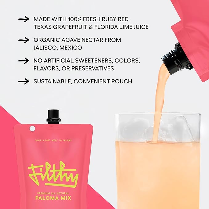 Filthy Paloma Mix, Premium Cocktail Mixer, All-Natural, Non-GMO, Vegan & Gluten-Free, Made with Fresh Ruby Red Texas Grapefruit & Florida Lime Juice, Organic Agave Nectar, 32 Oz Pouch