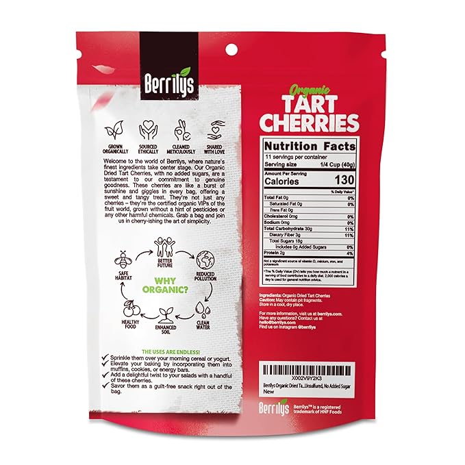 Berrilys Organic Unsweetened Dried Tart Cherries 1 lb, (16 oz) - No Sugar Added, Perfect for Baking, Snacking & Salads - Unsweetened - Non-GMO, Vegan, Cherries for Healthy Living