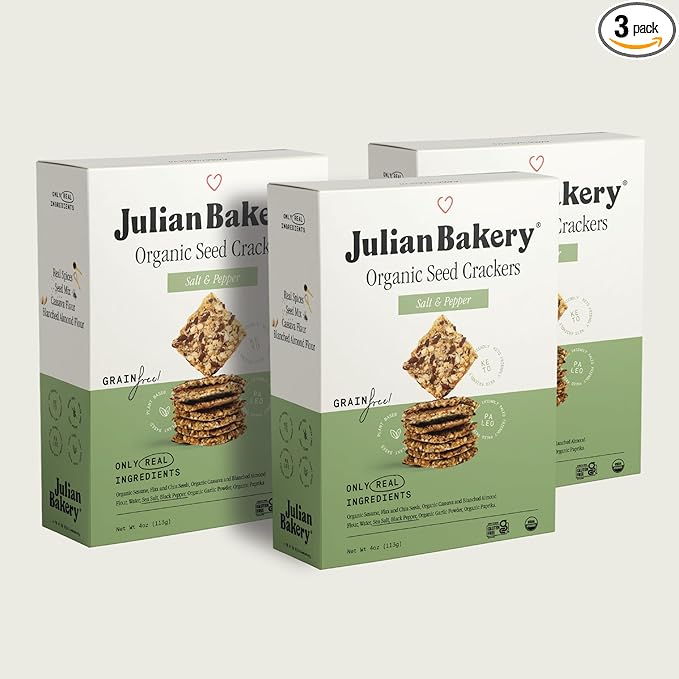 Julian Bakery® Organic Seed Crackers - Salt & Pepper 4oz | Gluten Free and Organic Certified | Grain Free | Low Carb | Plant-Based | Vegan (3PACK)