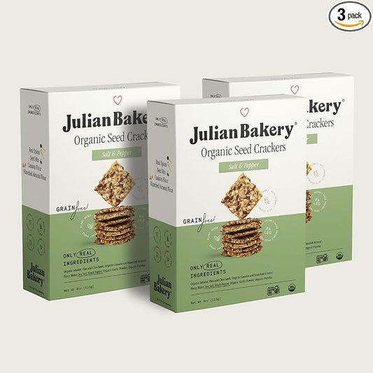 Julian Bakery® Organic Seed Crackers - Salt & Pepper 4oz | Gluten Free and Organic Certified | Grain Free | Low Carb | Plant-Based | Vegan (3PACK)