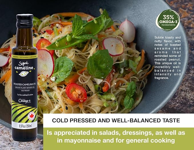 Cold-Pressed Roasted Camelina Oil, 250mL by Signé Caméline | High Smoke Point 475°F | Rich in Omega-3 | Notes of Roasted Hazelnuts and Sesame | Perfect in Asian Dishes, Ramen Noodles, Sushi & Sautés | Made in Canada | Non-GMO