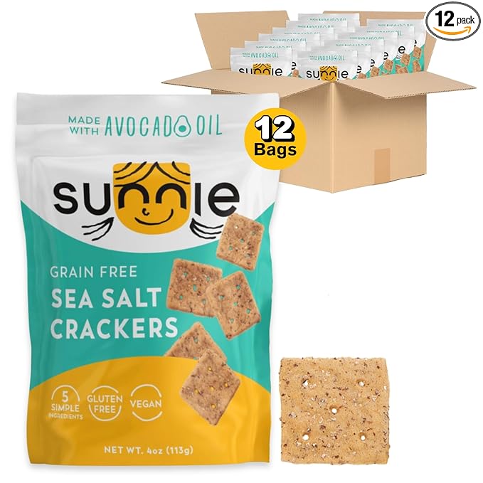 Sunnie Gluten Free Crackers - Healthy Grain Free Sea Salt Crackers, Snacks for Kids & Adults, Made with Avocado Oil, Only 5 Ingredients, Vegan Snack, Low Calorie (4 oz - Pack of 12)