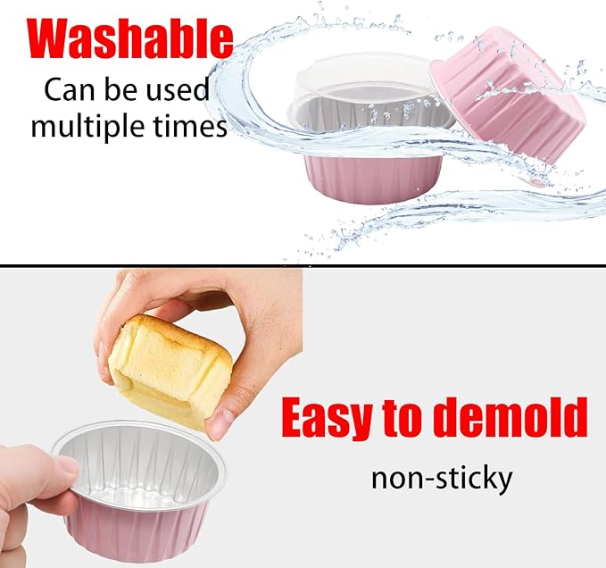 100 Pack 4.2oz Aluminum Cups with Lids Mini Flan Containers with Lids Cupcake Baking Cups, Pink