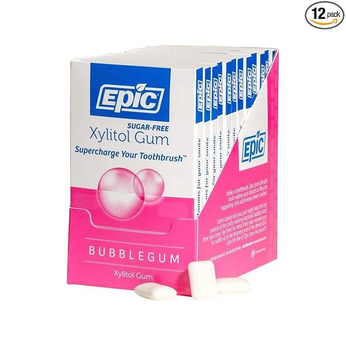 Epic 100% Xylitol Bubblegum Chewing Gum - Sugar Free, Aspartame Free Dental Gum - Supports Oral Health & Fresh Breath - 12 Pieces (Pack of 12)