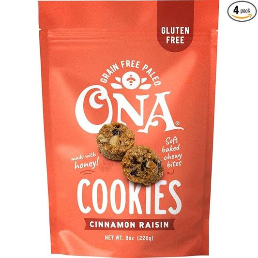 Ona Cinnamon Raisin Cookies 4-pack, Made with Honey, Ready to eat, Gluten free, Grain free, Dairy free, Paleo