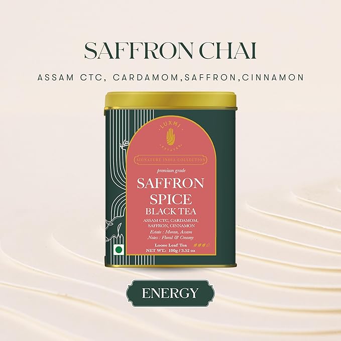 Luxmi Estates Saffron Chai | 100 gm | Signature India collection | Assam CTC Tea | Black tea collection | Saffron chai Organic Strong tea | Antioxidants | Assam Valley tea | Kashmiri Saffron, Cinnamon, Natural Cardamom Extract