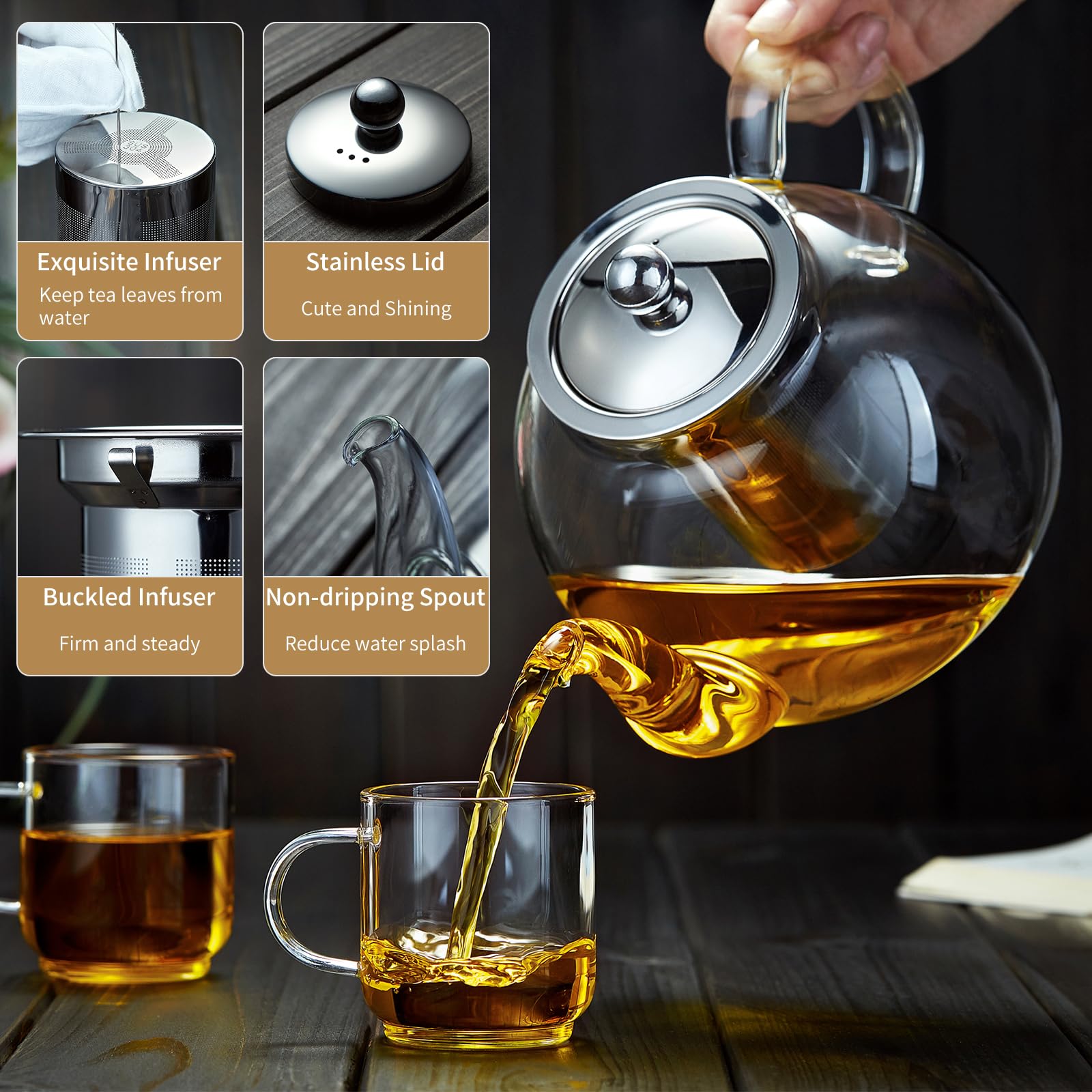 DOPUDO 40OZ (1200ML) Glass Teapot with Infuser Stovetop Safe, Clear Glass Tea Pot Kettle