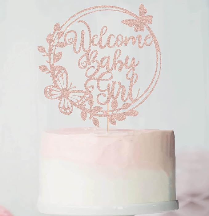 Welcome Baby Girl Cake Topper - Rose Gold Glitter Baby Shower Cake Decorations, Baby Girl Cake Topper, for Baby Shower/Birthday Party/Gender Reveal Party Photo Booth Props