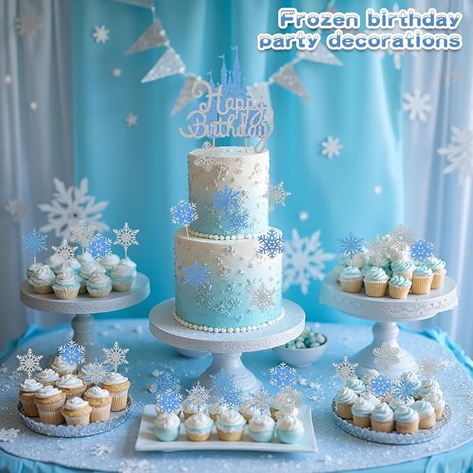 24 Pcs Silver Blue Ice Cupcake Toppers Glitter Snowflake Cupcake Toppers Winter Wonderland Cake Decorations for Princess Happy Birthday Baby Shower Party Supplies