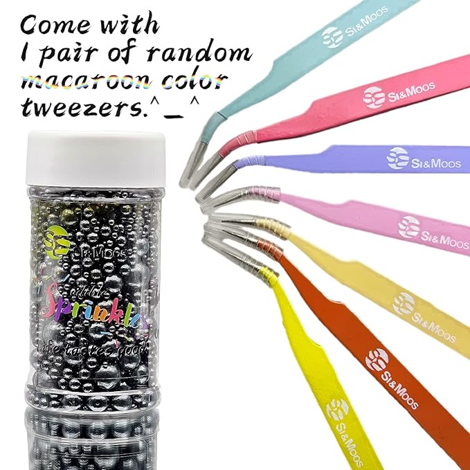 SE Si&Moos Black Edible Pearls Black Pearl Sprinkles for Cake Decorating Edible Cake Sugar Pearls Halloween Christmas Cookie Decorations Edible Cake Decorations for Cakes,Cupcakes Toppers 3.5 OZ with Tweezers