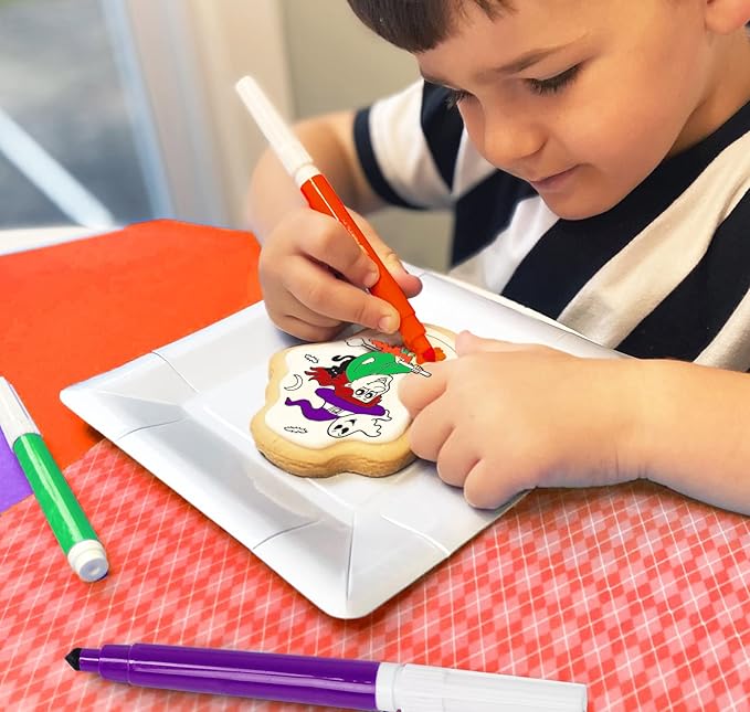 Halloween Cookies Decorating Kit Coloring Gift For Kids Food | 4 Jumbo Cookies + 3 Edible Markers | Individually Wrapped | Activities Pumpkin Witch Ghost Holiday Fall