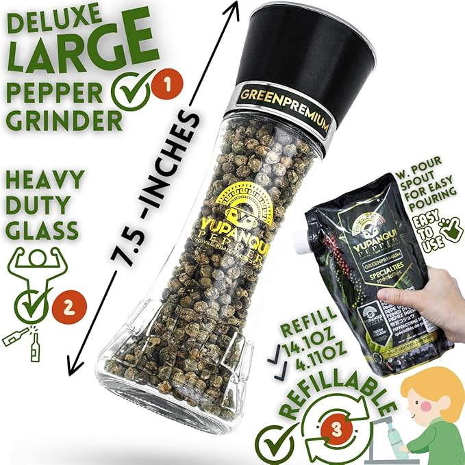 Green Peppercorn Grinder with Green Peppercorns Whole YUPANQUI - Refillable Gourmet Pepper Grinder with Peppercorns Organic Peppercorn - Pepper corns for grinder